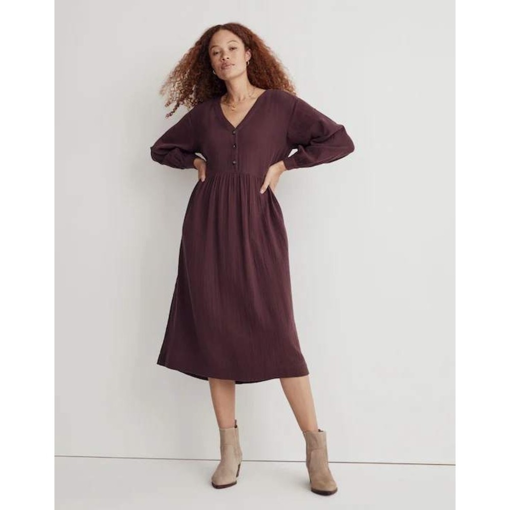 Madewell Size 6 Lightspun Cotton Gauze Button-Front Midi Dress in Dark Fig